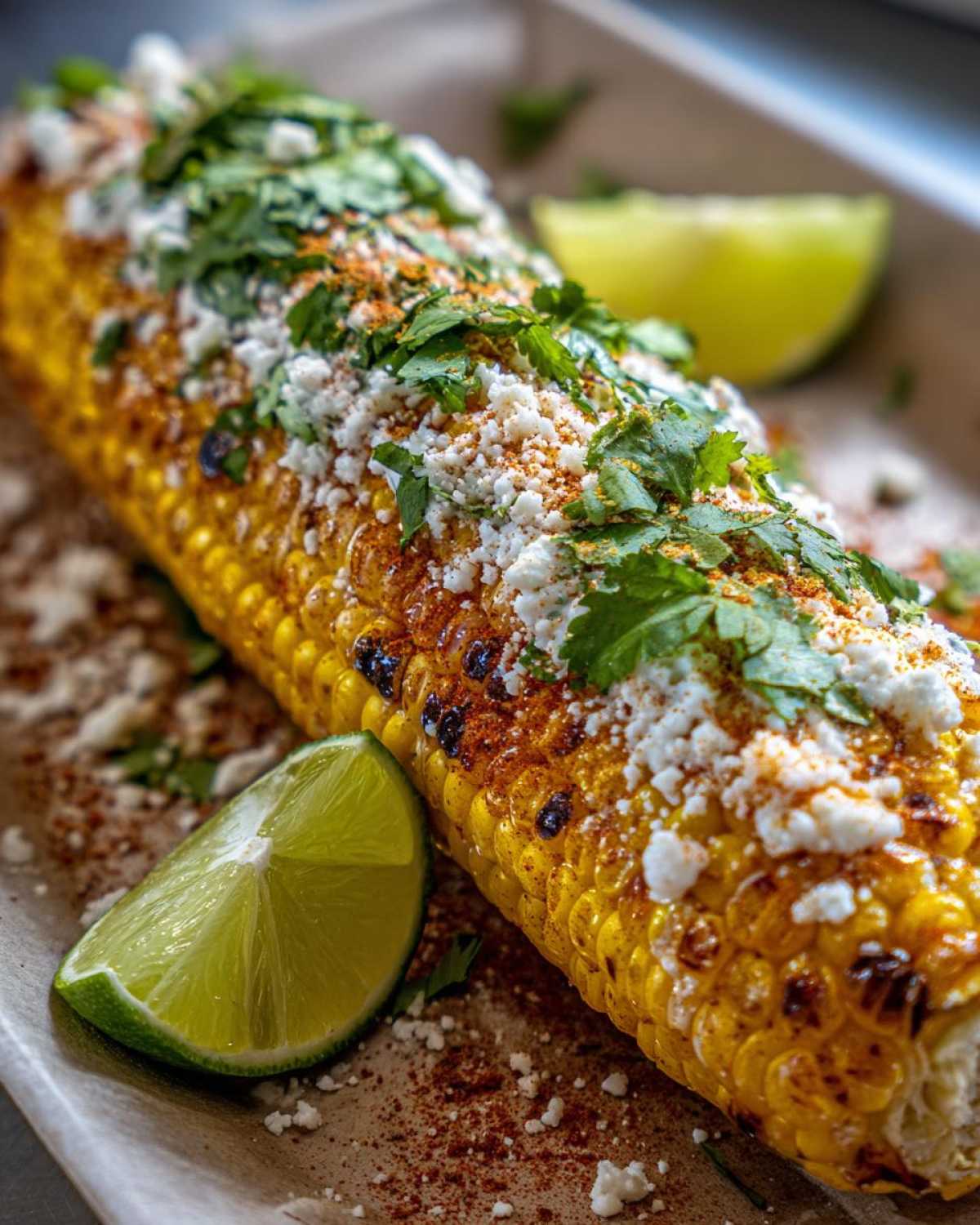 Close-up of grilled Mexican street corn, topped with crumbled cheese, cilantro, chili powder, and lime wedges.