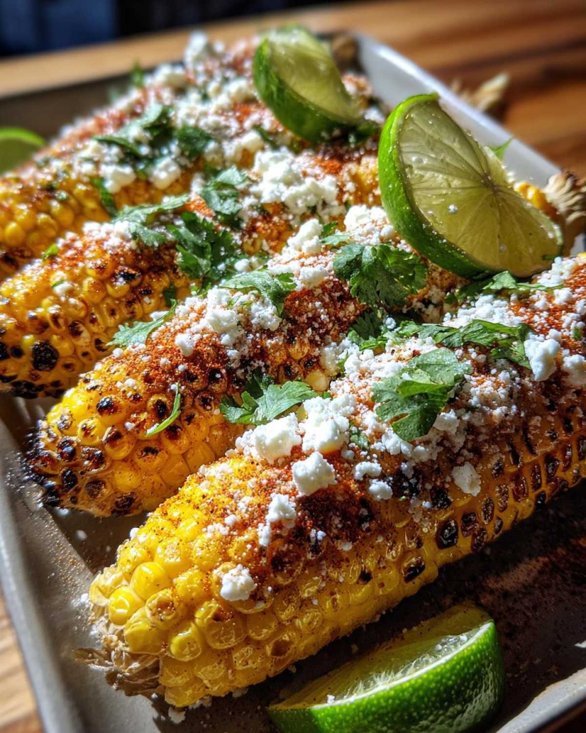 Close-up of grilled Mexican street corn garnished with crumbled cheese, chili powder, cilantro, and lime wedges.