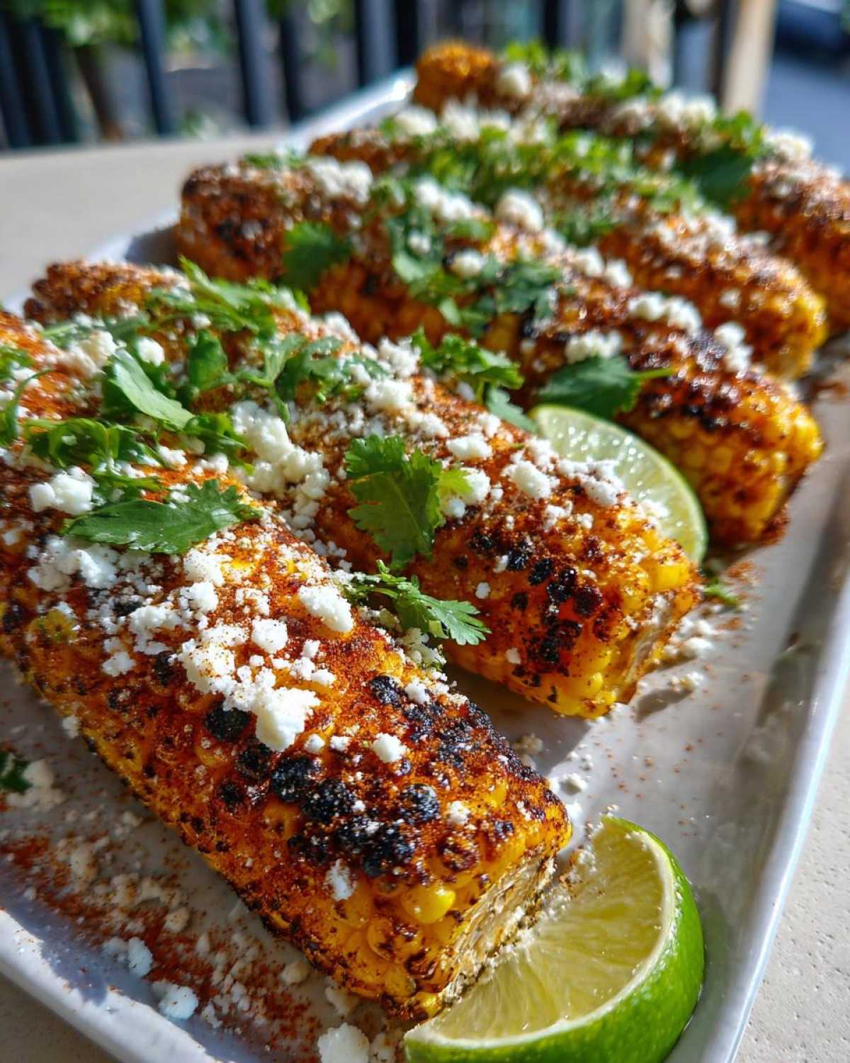 Close-up of grilled Mexican street corn garnish with crumbled cheese, cilantro, chili powder, and lime wedges.