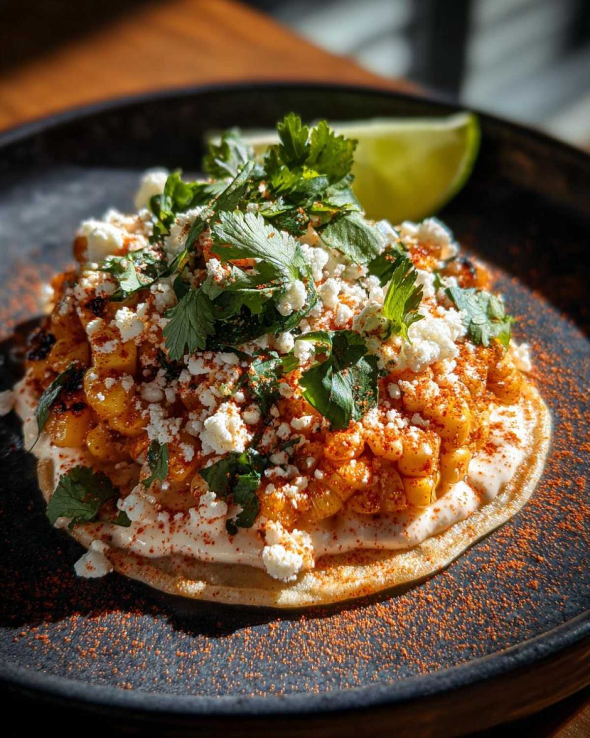 Close-up of a tostada topped with creamy sauce, Mexican street corn garnish, crumbled cheese, cilantro, chili powder, and a lime wedge.