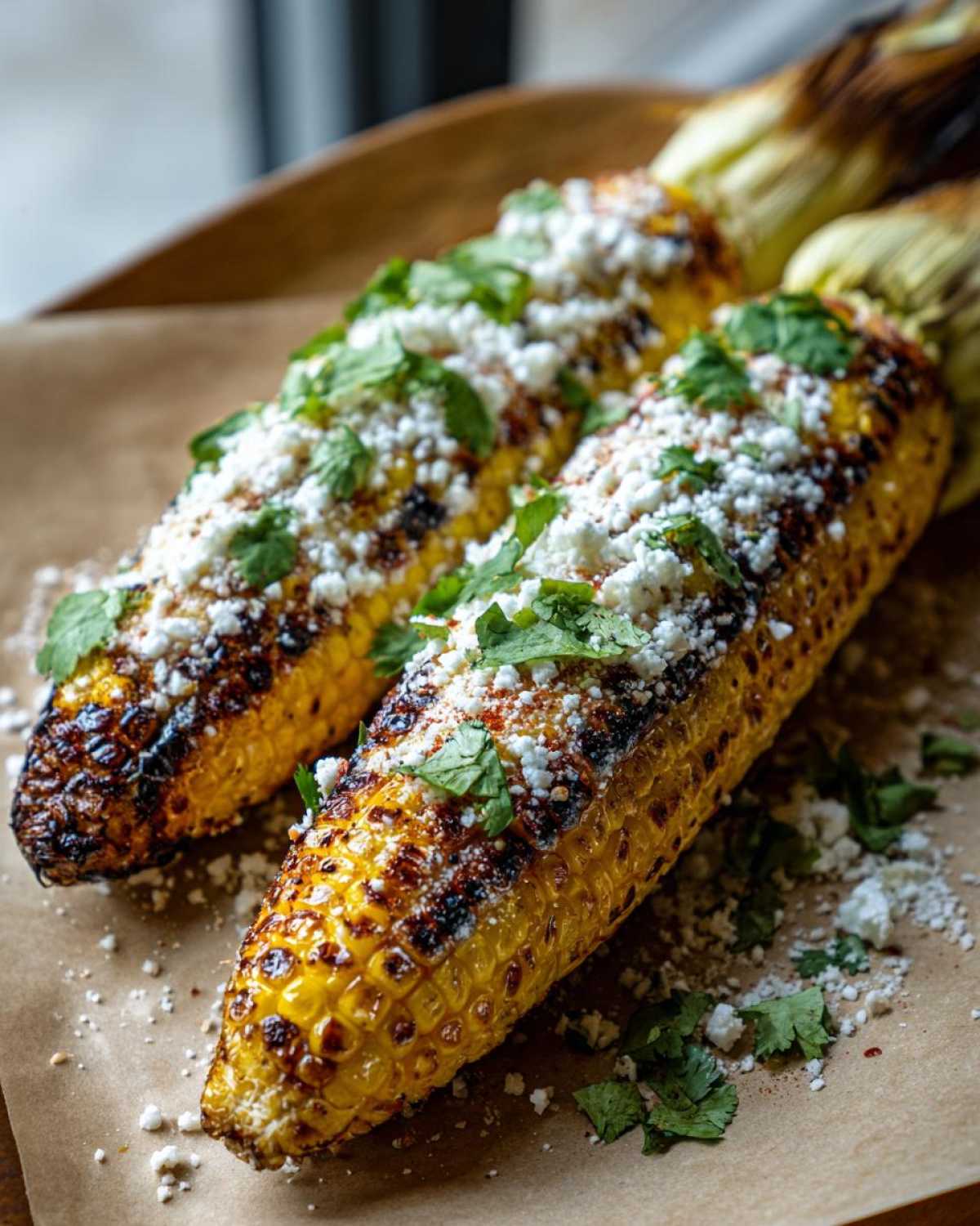 Two ears of grilled Mexican street corn topped with crumbled cotija cheese and fresh cilantro.