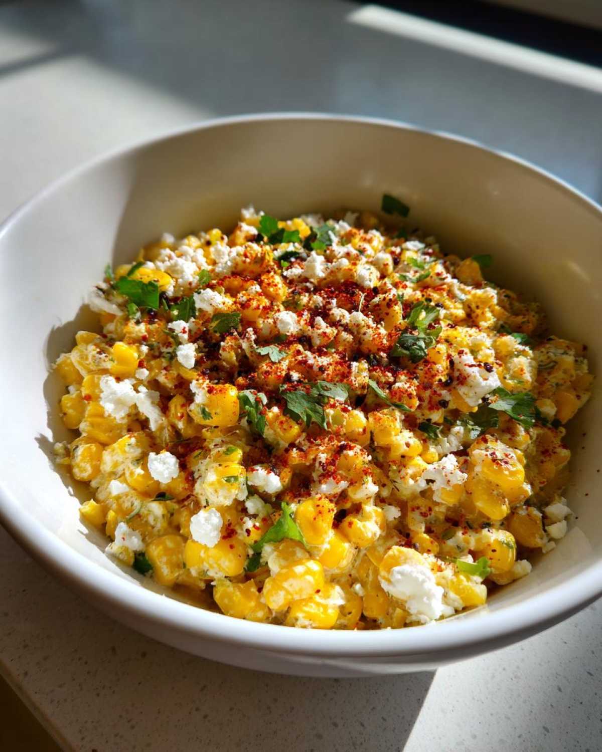 A close-up of a bowl of Mexican street corn salad, featuring corn kernels, crumbled cheese, cilantro, and chili powder.
