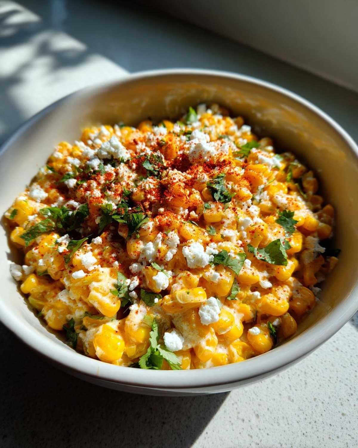 A close-up of Mexican street corn salad in a bowl, topped with crumbled cheese, cilantro, and chili powder.