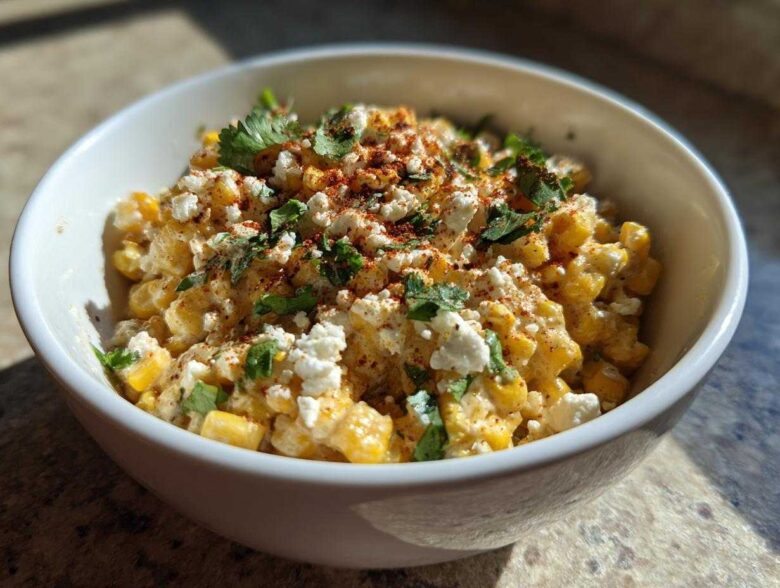 A close-up of a white bowl filled with creamy Mexican street corn salad, topped with crumbled cheese, cilantro, and chili powder.