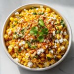 A close-up overhead view of a bowl filled with vibrant Mexican street corn salad, topped with crumbled white cheese, fresh cilantro, and a sprinkle of chili powder.