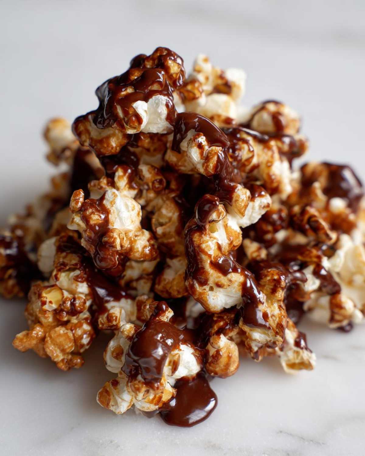 A close-up shot of a pile of Mocha Drizzle Popcorn, with rich chocolate sauce drizzled over fluffy popcorn.