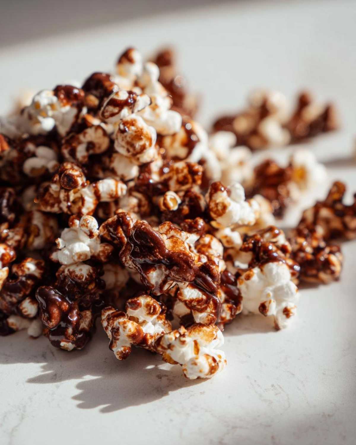 A close-up shot of fluffy popcorn coated in rich mocha drizzle, showcasing the delicious texture of Mocha Drizzle Popcorn.