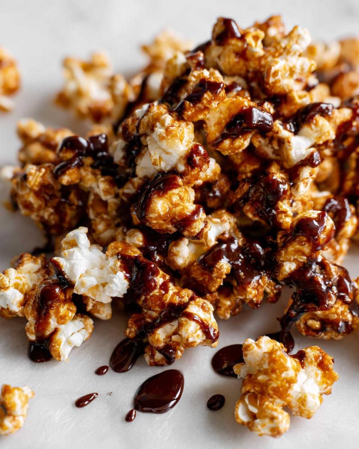 A close-up shot of delicious Mocha Drizzle Popcorn, with rich chocolate sauce drizzled over the caramel-coated kernels.