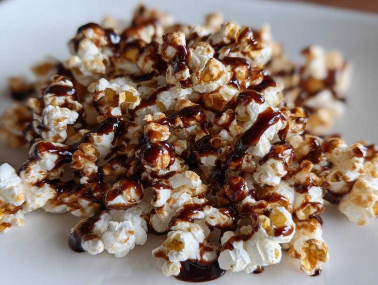 A close-up of fluffy popcorn drizzled with rich mocha sauce, a perfect sweet and salty treat.