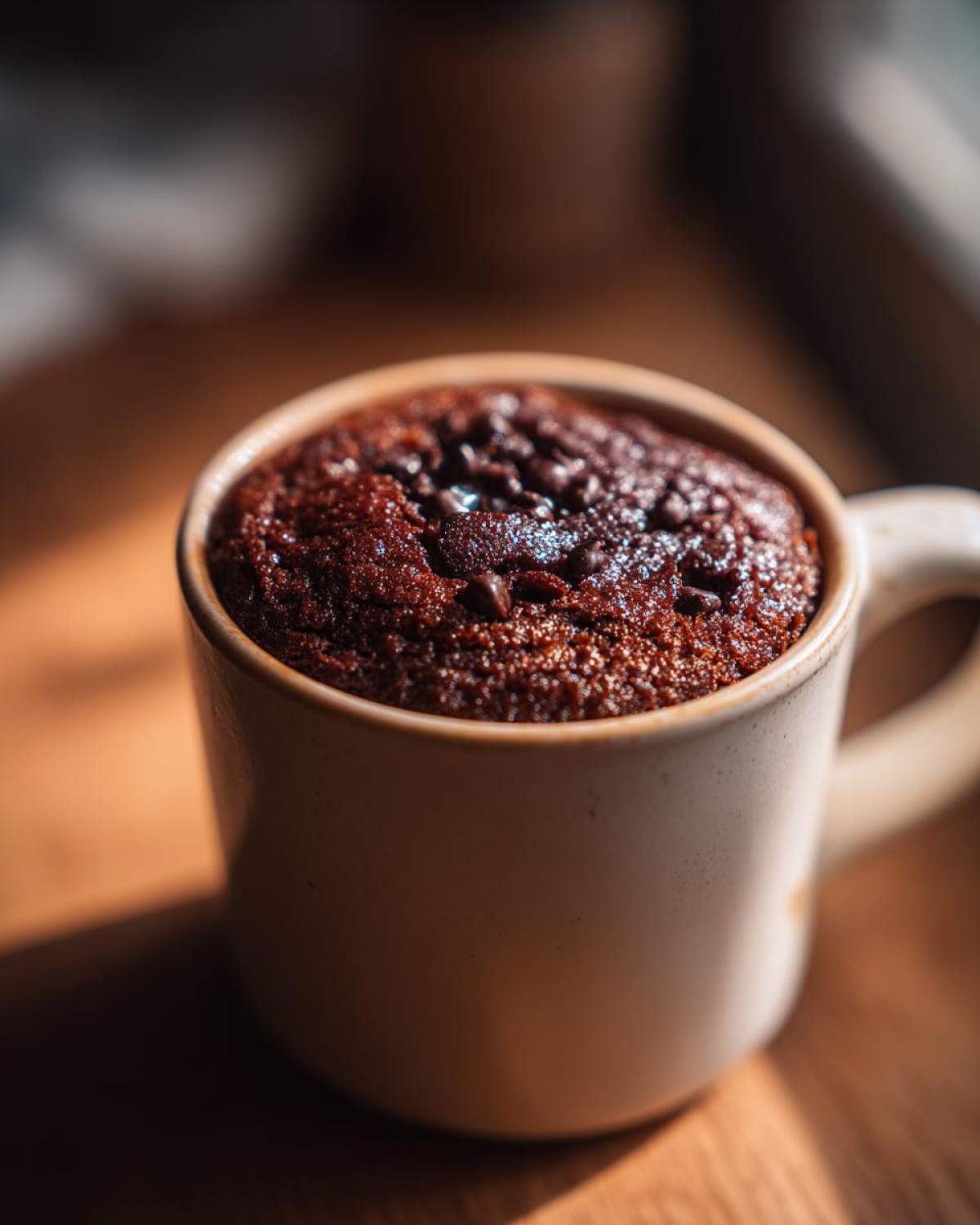 A close-up of a delicious Mocha Mug Brownie topped with chocolate chips, ready to enjoy.