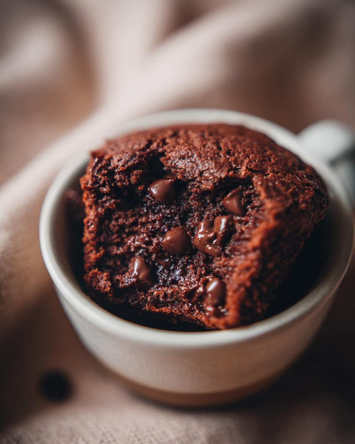 A delicious Mocha Mug Brownie with melted chocolate chips, served in a white mug.
