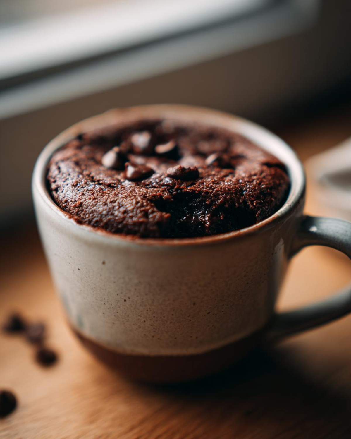 A rich and decadent Mocha Mug Brownie topped with chocolate chips, served in a speckled mug.