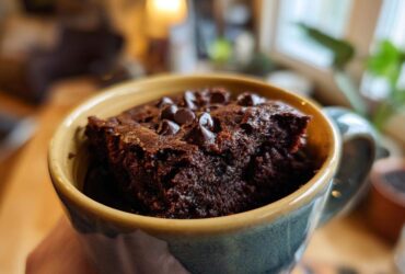 A close-up of a delicious Mocha Mug Brownie topped with chocolate chips, held in a mug.