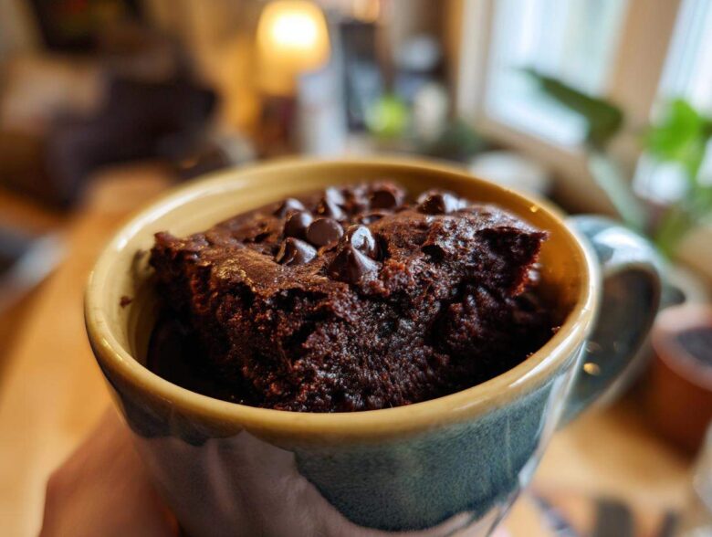 A close-up of a delicious Mocha Mug Brownie topped with chocolate chips, held in a mug.