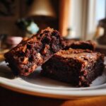 Close-up of two fudgy Mocha Mug Brownie squares on a white plate, with chocolate chips visible.