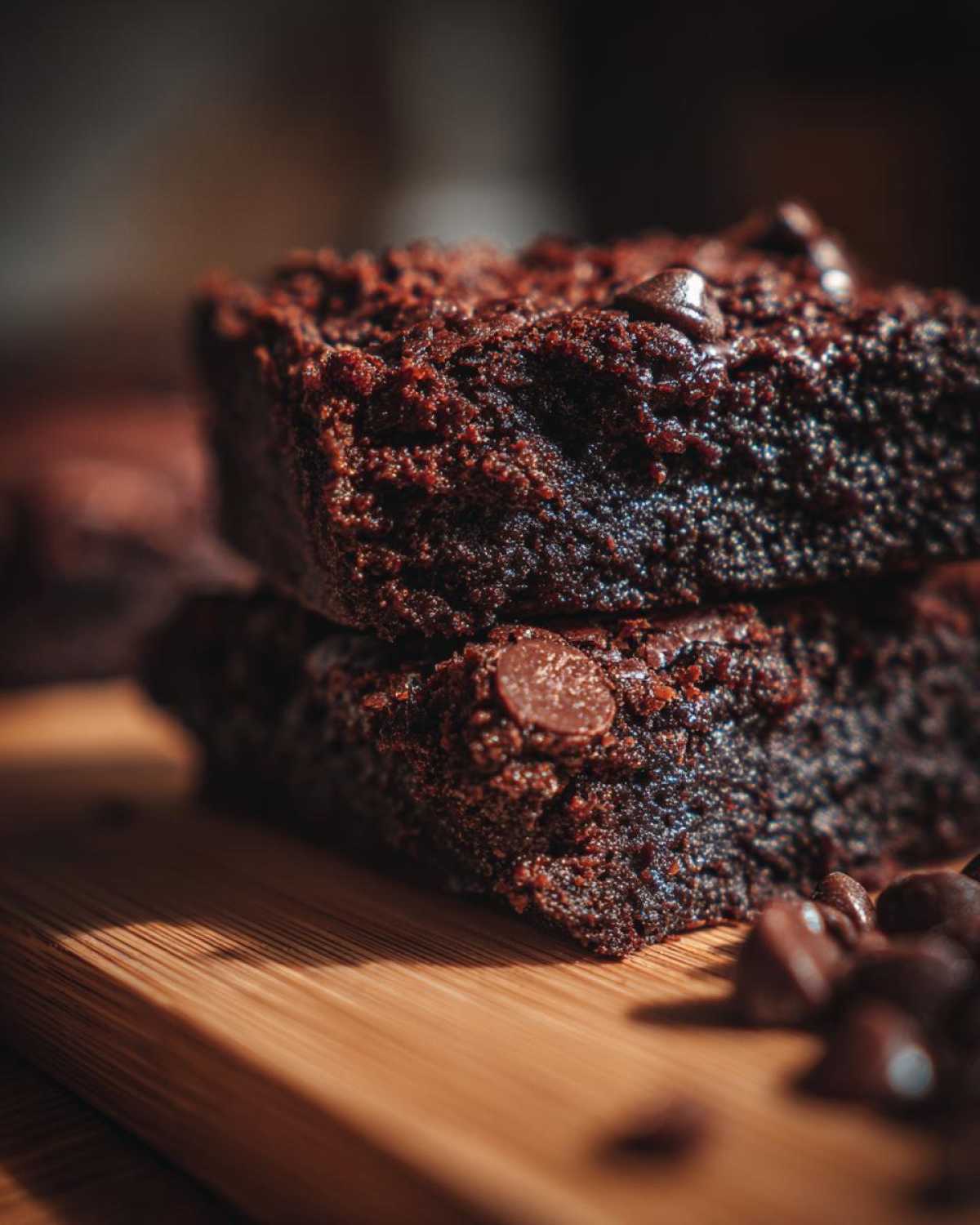 A close-up shot of a stack of moist Mocha Mug Brownies, topped with chocolate chips and scattered around on a wooden board.