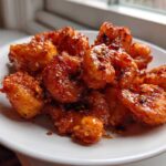 A close-up of a plate piled high with glistening Nashville Hot Shrimp, coated in a fiery red sauce and sprinkled with spices.