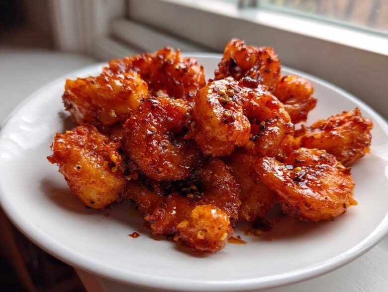 A close-up of a plate piled high with glistening Nashville Hot Shrimp, coated in a fiery red sauce and sprinkled with spices.
