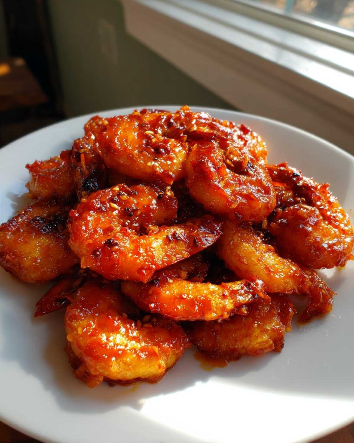 A white plate filled with glistening Nashville Hot Shrimp, coated in a spicy red glaze and sprinkled with sesame seeds.