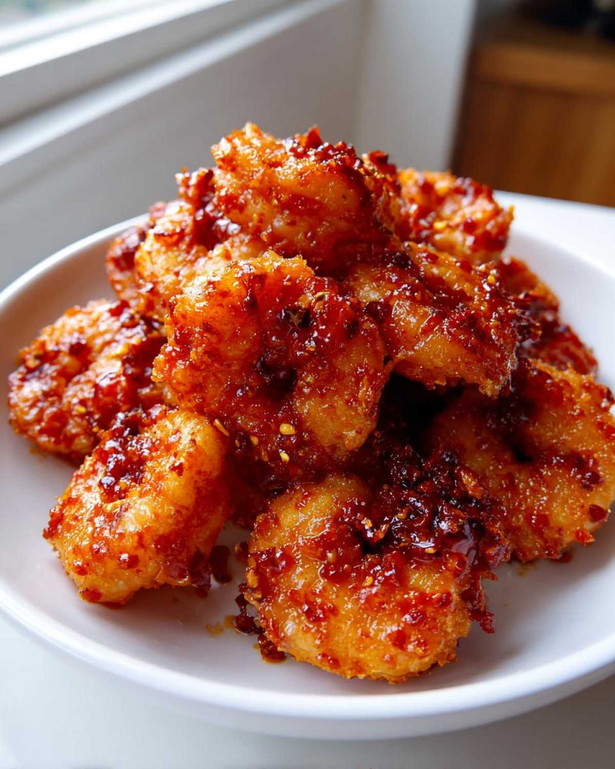 A close-up of a white bowl filled with crispy Nashville Hot Shrimp coated in a spicy red sauce.