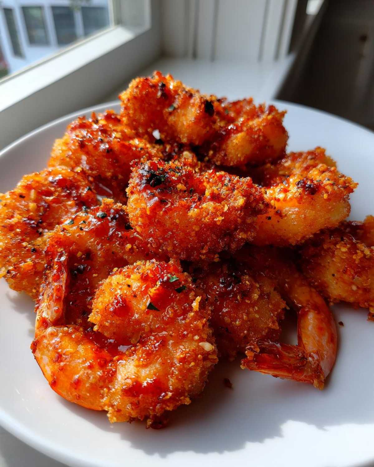 A close-up of a white plate filled with crispy, golden-brown Nashville Hot Shrimp, glistening with a spicy sauce and sprinkled with herbs.