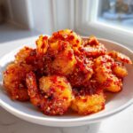 A close-up of a white bowl filled with glistening Nashville Hot Shrimp, coated in a spicy red sauce and seasonings.
