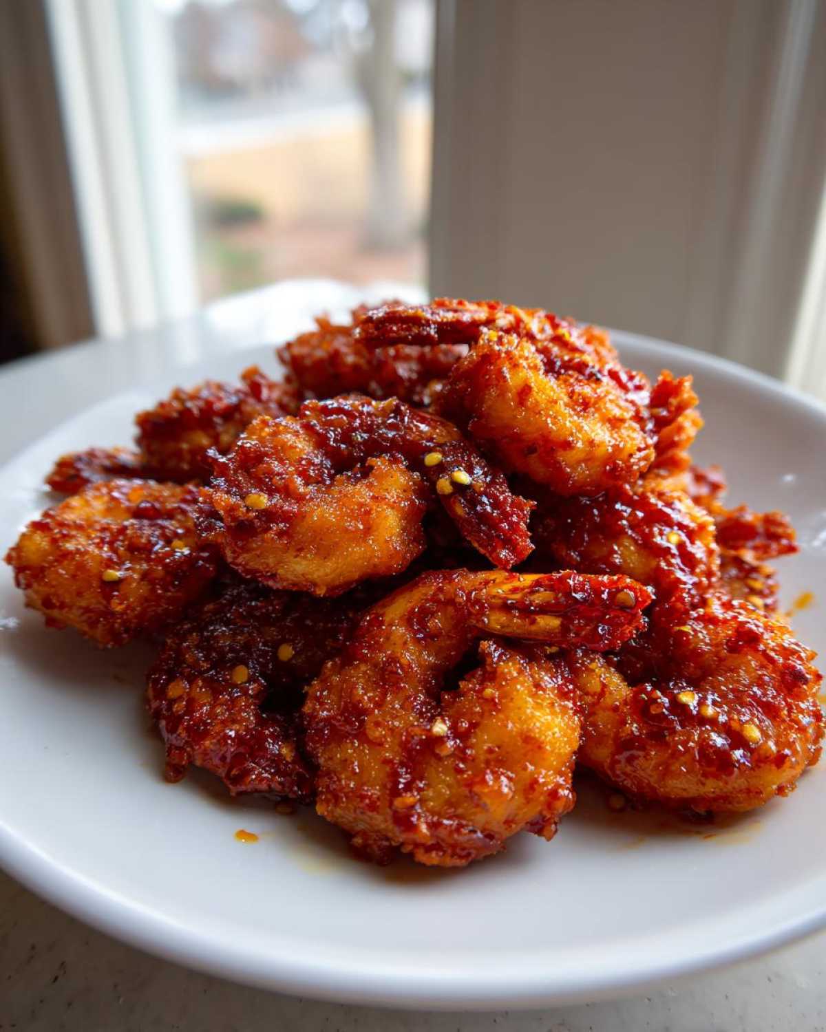 A pile of golden-fried Nashville Hot Shrimp coated in a glossy, red, spicy sauce with visible chili flakes.