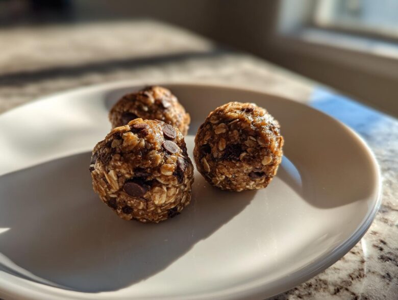 Three homemade Oatmeal Chocolate Chip Energy Bites arranged on a white plate, bathed in natural light.