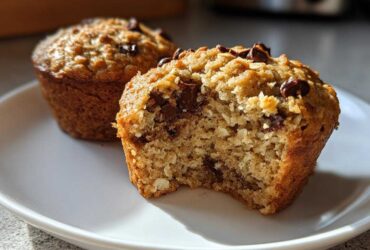 Close-up of two delicious Oatmeal Chocolate Chip Muffins on a white plate, one with a bite taken out, revealing the texture.