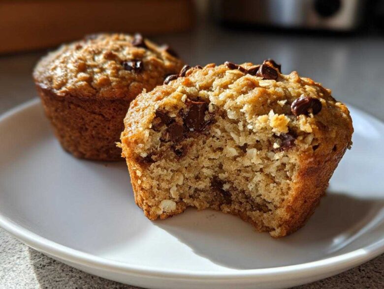 Close-up of two delicious Oatmeal Chocolate Chip Muffins on a white plate, one with a bite taken out, revealing the texture.
