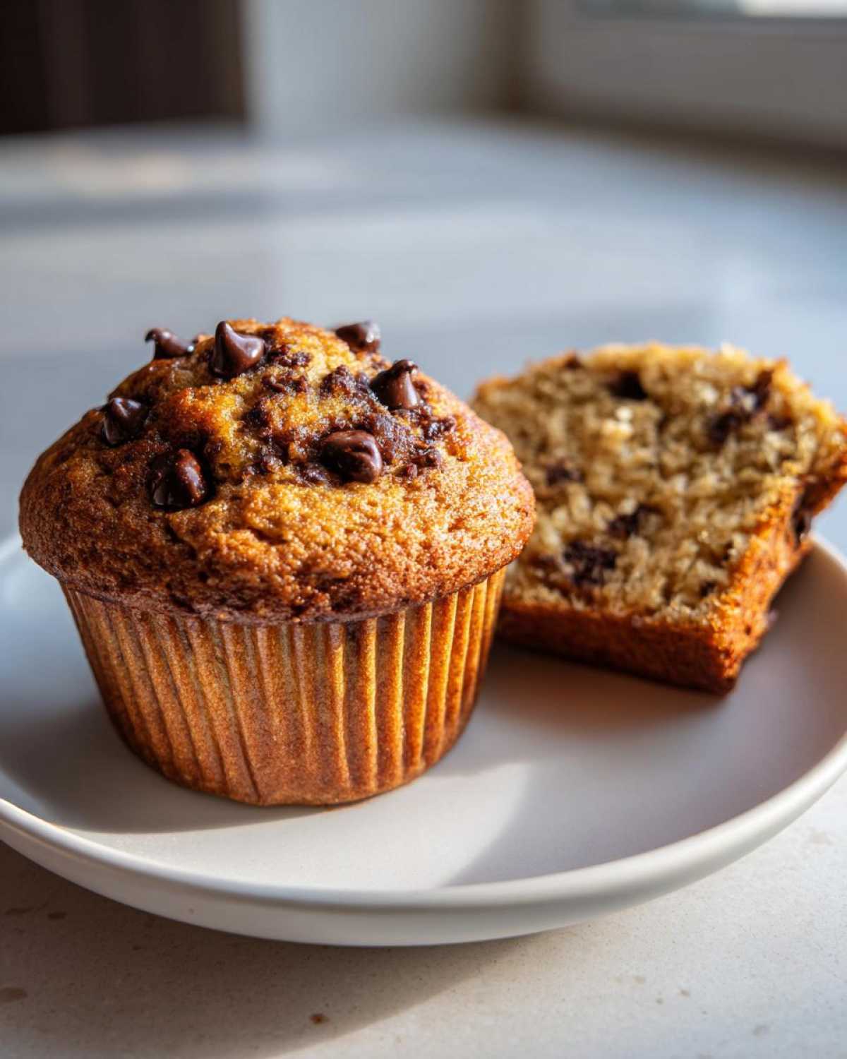 A whole oatmeal chocolate chip muffin next to a slice of the muffin on a plate.