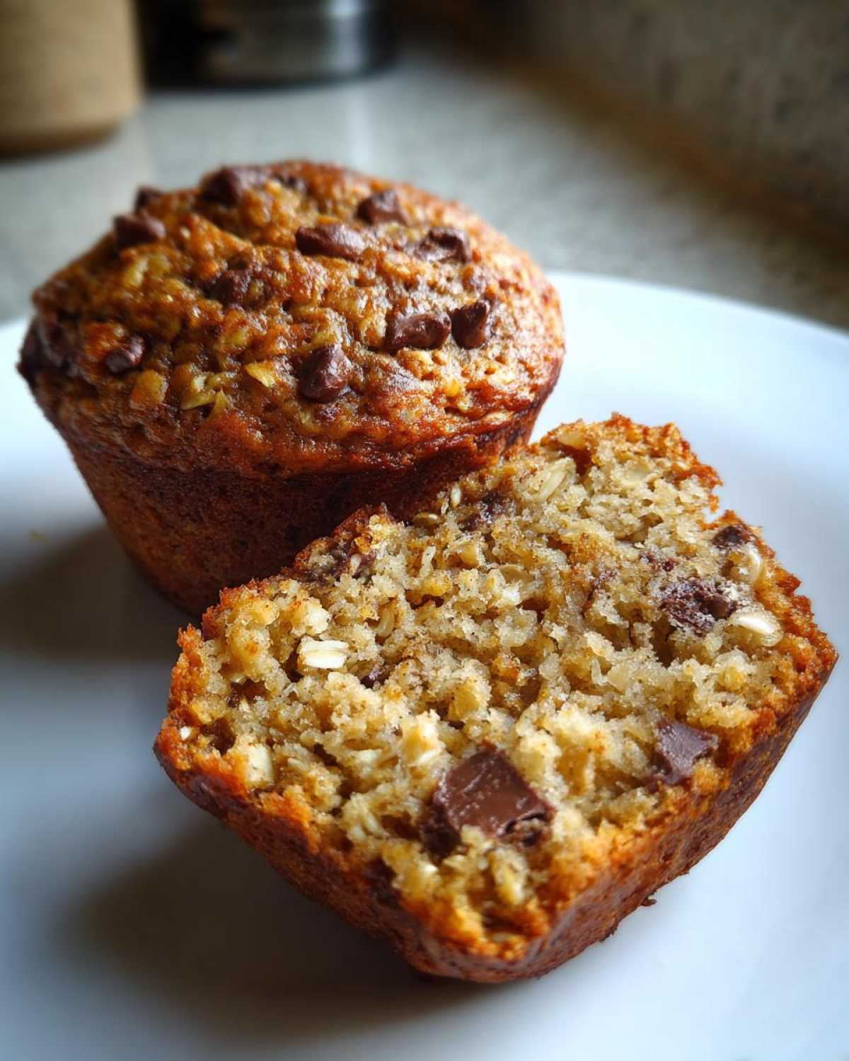 Close-up of two delicious oatmeal chocolate chip muffins on a white plate, one cut in half to reveal the moist interior with chocolate chips.