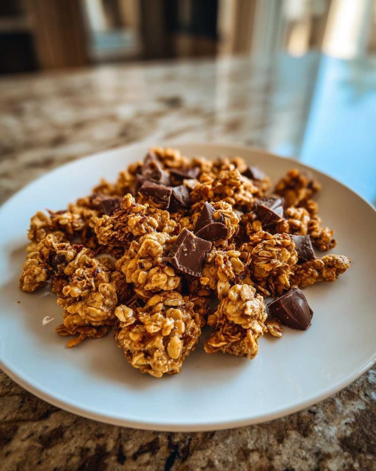 A pile of delicious Peanut Butter Cup Granola clusters mixed with chunks of dark chocolate on a white plate.