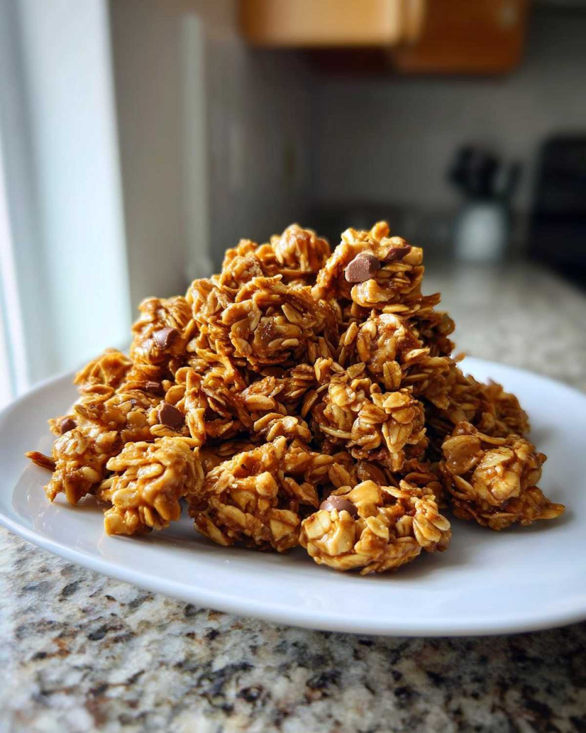 A pile of delicious Peanut Butter Cup Granola clusters on a white plate, showing oats, peanut butter, and chocolate chips.