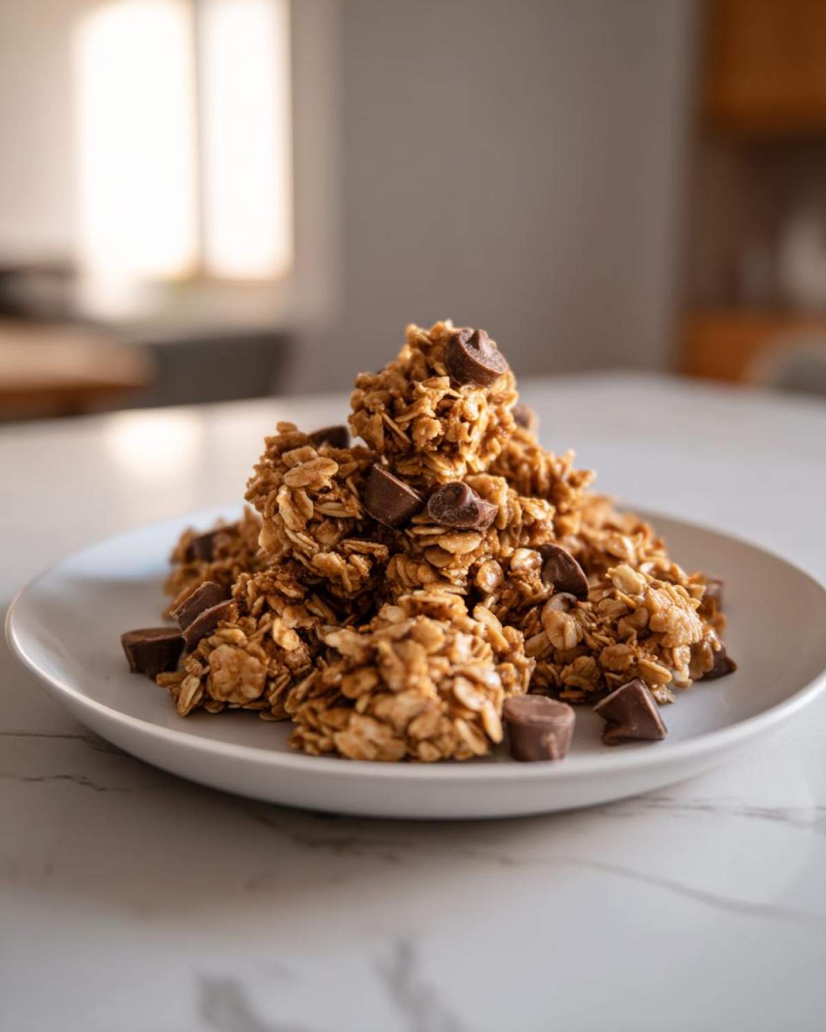A pile of homemade Peanut Butter Cup Granola clusters topped with chocolate chunks on a white plate.