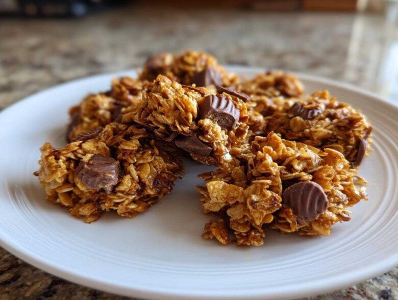 Close-up of delicious Peanut Butter Cup Granola clusters on a white plate, featuring oats and chunks of peanut butter cups.
