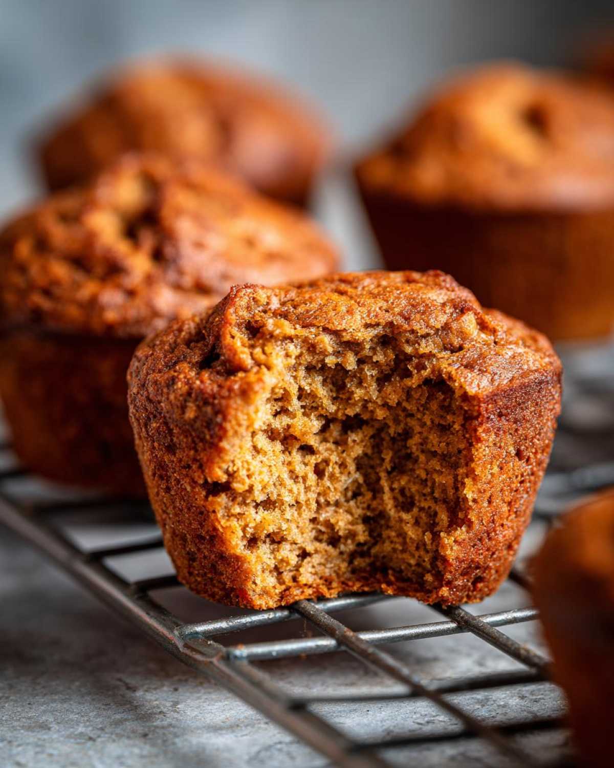 Close-up of a peanut butter protein muffin with a bite taken out, showing its fluffy texture.
