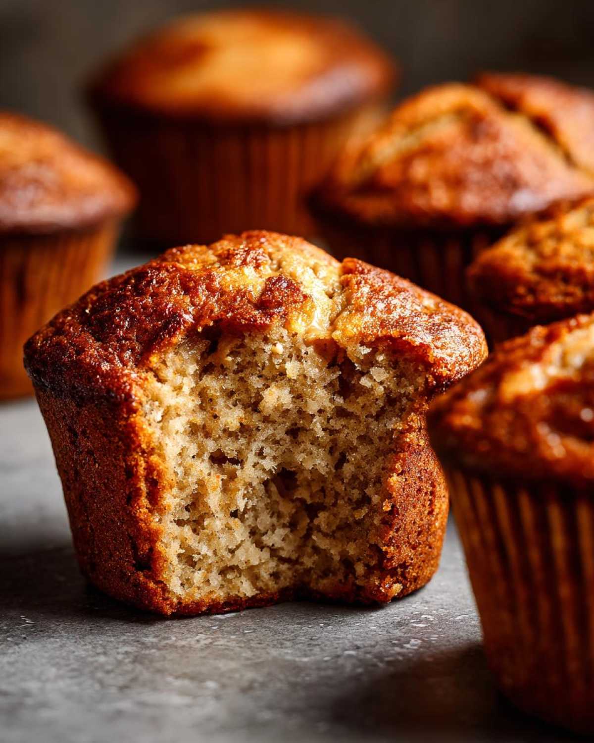 A close-up of a delicious peanut butter protein muffin with a bite taken out, showing its fluffy interior.