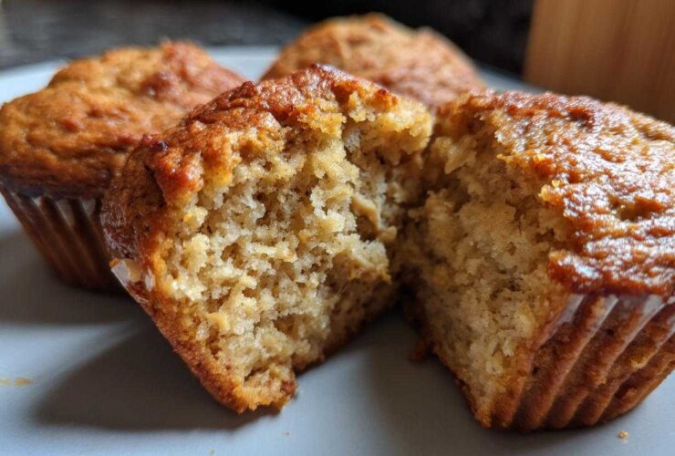 Close-up of a delicious peanut butter protein muffin, split in half to reveal its fluffy interior.