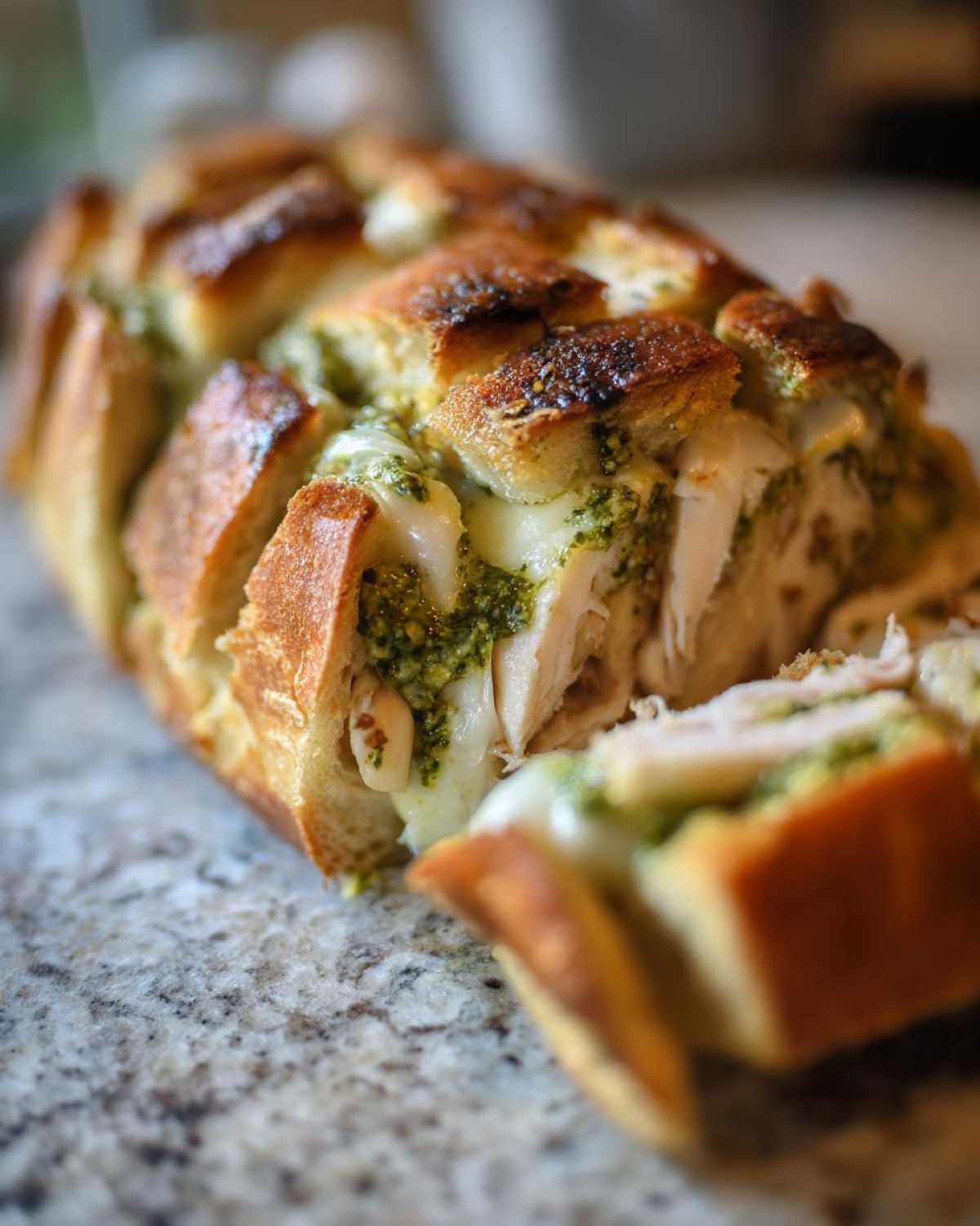 A close-up of Pesto Chicken Stuffed Bread, showing chunks of chicken, melted cheese, and vibrant pesto filling.