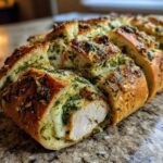 Close-up of Pesto Chicken Stuffed Bread, showing golden-brown crust, melted cheese, and visible chicken filling.