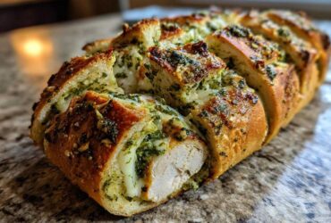 Close-up of Pesto Chicken Stuffed Bread, showing golden-brown crust, melted cheese, and visible chicken filling.