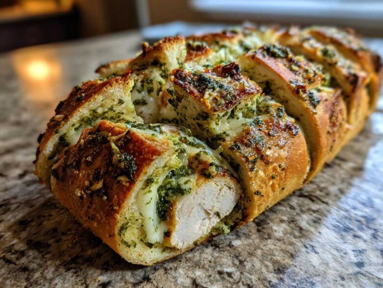 Close-up of Pesto Chicken Stuffed Bread, showing golden-brown crust, melted cheese, and visible chicken filling.