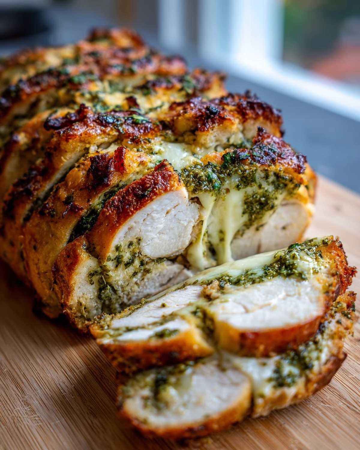 A close-up of Pesto Chicken Stuffed Bread, sliced to reveal tender chicken, melted cheese, and vibrant pesto.