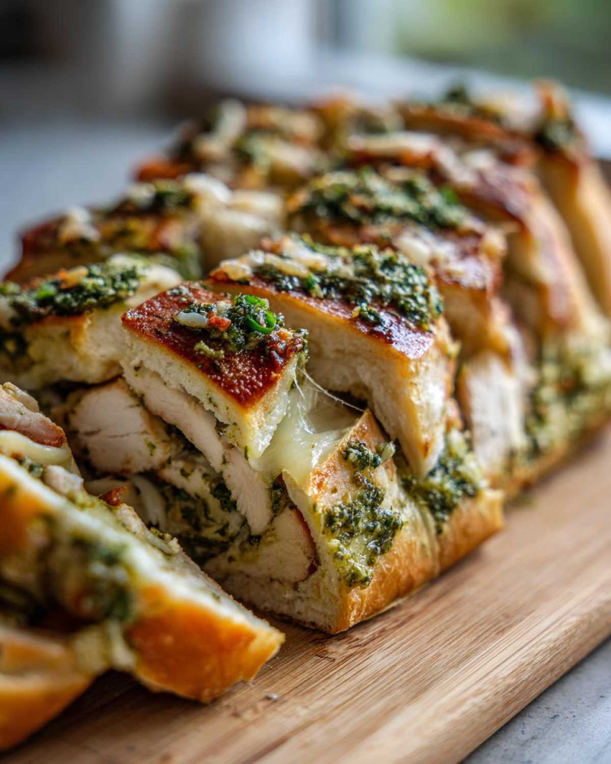 Close-up of Pesto Chicken Stuffed Bread, sliced and ready to pull apart, with melted cheese and pesto visible.