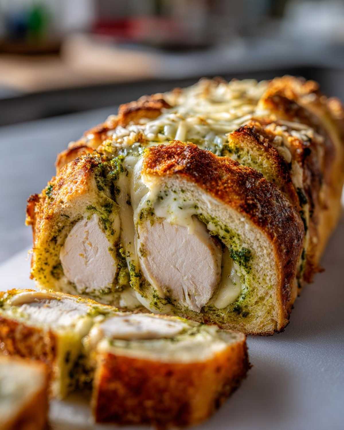 A close-up of Pesto Chicken Stuffed Bread, showing tender chicken, melted cheese, and pesto filling inside golden-brown bread.