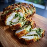Close-up of Pesto Chicken Stuffed Bread, sliced to reveal tender chicken, melted cheese, and vibrant pesto filling.