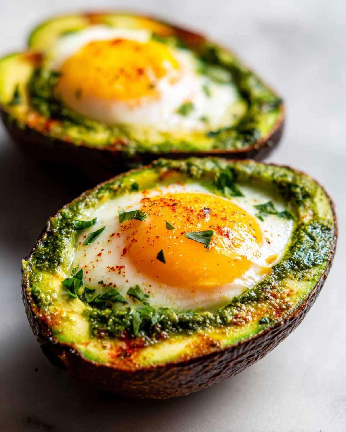 Close-up of two halves of avocado baked with eggs and pesto, topped with herbs and paprika.