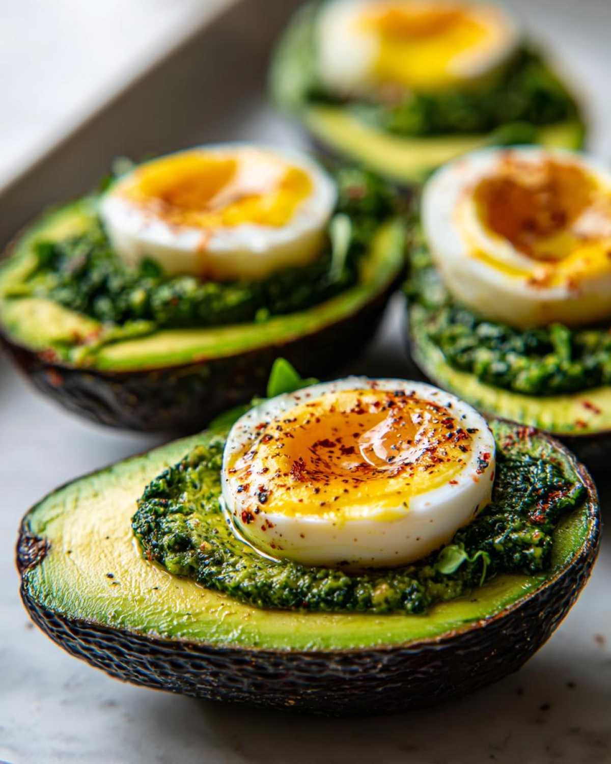 Close-up of Pesto Eggs in Avocado Boats, featuring a soft-boiled egg nestled in pesto within an avocado half, seasoned with paprika.