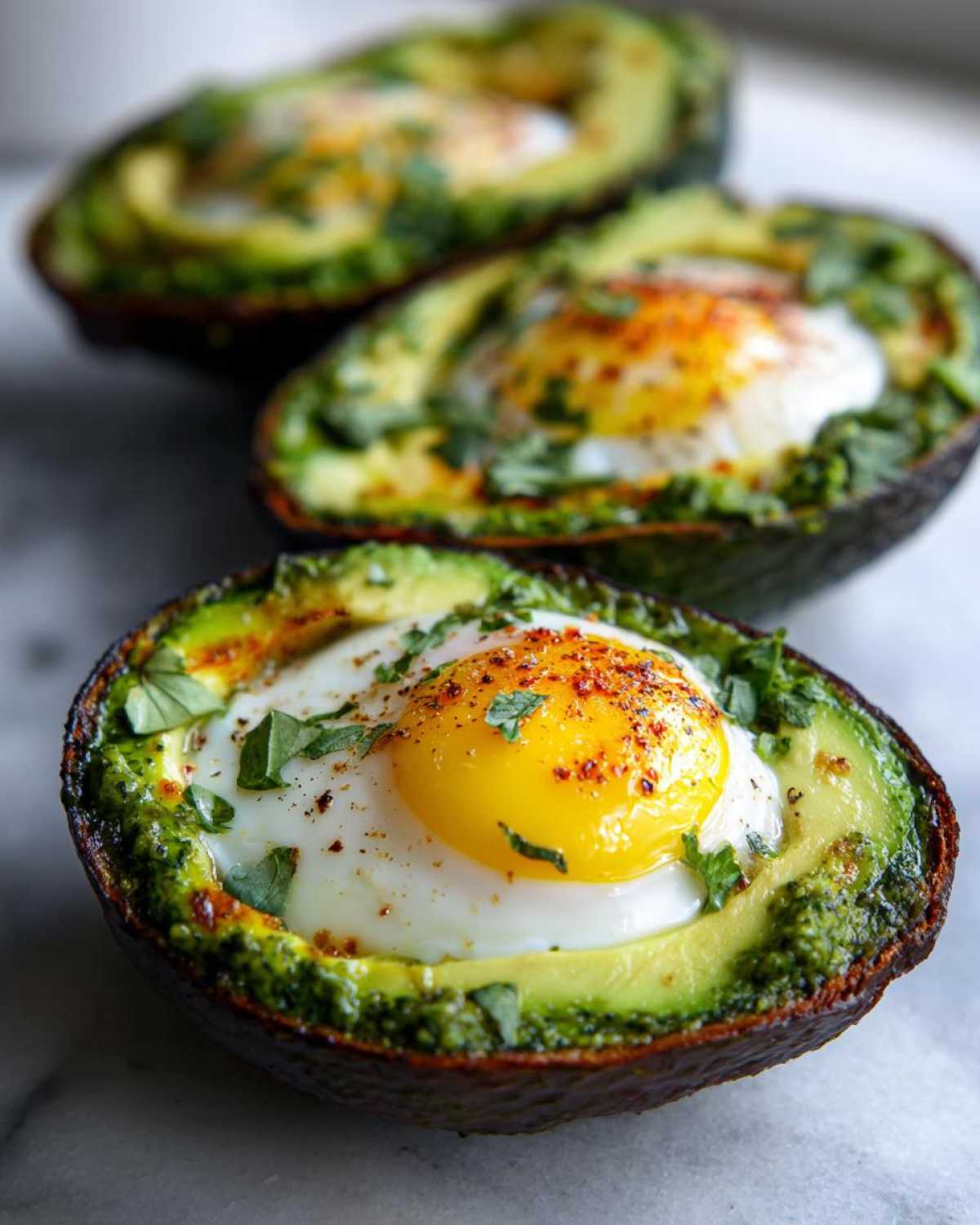 Close-up of Pesto Eggs in Avocado Boats, featuring a perfectly cooked egg nestled in avocado with pesto and herbs.